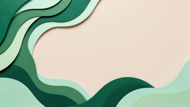 top down flat lay abstract overlapping emerald mint green paper cut art wave patterns on light beige background soft natural light for wellness luxury design marketing