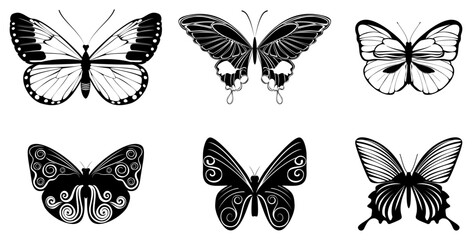 Six black butterfly silhouettes with intricate wing patterns on white background, insect © Raisa