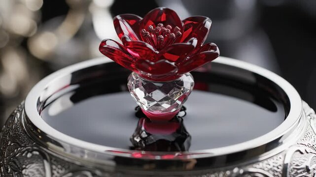 Red flower crystal stopper touching dark liquid surface in an ornate silver jar with concentric ripples; detailed close-up shot of decorative glass and metal craftsmanship.