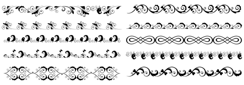 Collection of black decorative flourish borders and ornaments with transparent background, swirl