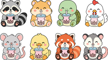 Naklejka premium Cute cartoon animals drinking bubble tea kawaii raccoon, hamster, turtle, chicken, mouse, duck, red panda, and opossum with boba tea