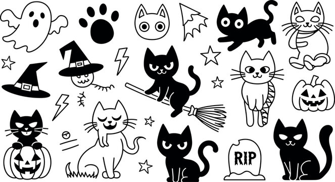 Cute Halloween black cat vector elements set with spooky ghosts pumpkins witch hats gravestone broom and stars
