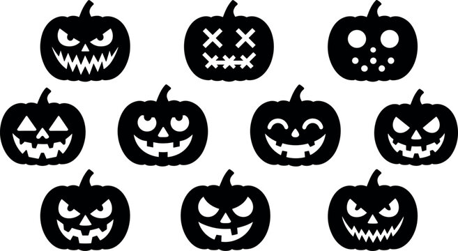 Halloween jack o lantern pumpkin silhouette elements vector set featuring different scary and funny carved faces for holiday designs