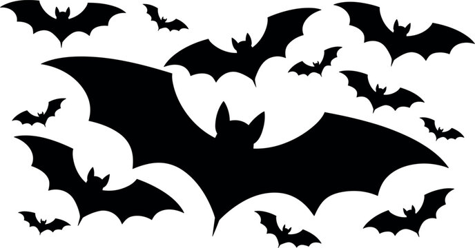 Halloween spooky flying bats silhouette vector element set featuring different shapes and sizes for scary holiday decoration backgrounds