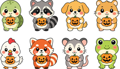 Obraz premium Set of cute animals holding halloween pumpkins, cartoon style illustration of turtle, raccoon, dog, hamster, chicken, red panda, opossum and frog