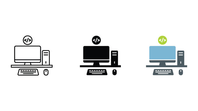 Workstation setup with computer monitor and programming code icon on desk in line art solid and flat color styles for developer workspace and coding software development themed visuals