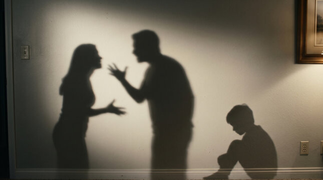 Silhouettes of Parents in Heated Argument Beside a Distressed Child Sitting on Floor, Representation of Family Crisis and Mental Health