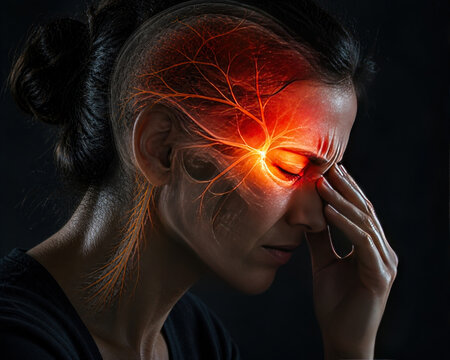Migraine pain in woman, trigeminal nerve headache medical visualization