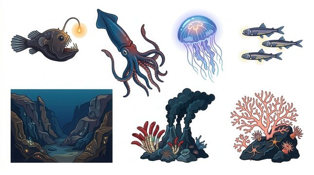 Deep-sea life: anglerfish, giant squid, glowing jellyfish, and their ecosystems