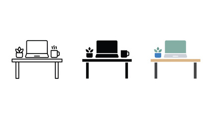 Fototapeta premium Laptop on desk with house plant and coffee mug icon set in three artistic styles including outline silhouette and flat color for professional business presentations and digital marketing assets