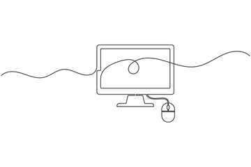 Obraz premium Desktop monitor screen with mouse continuous one line drawing minimalist desktop display outline vector illustration