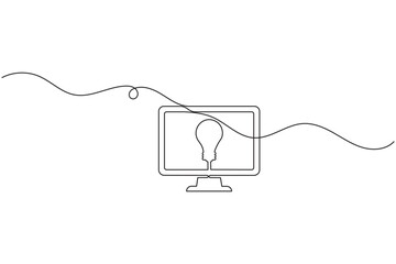 Obraz premium Desktop monitor screen with light bulb continuous one line drawing minimalist desktop display outline vector illustration