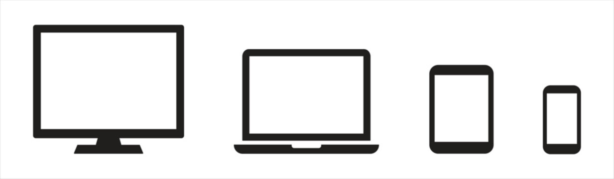 Device screen sizes from desktop to mobile phone flat vector silhouette on white background
