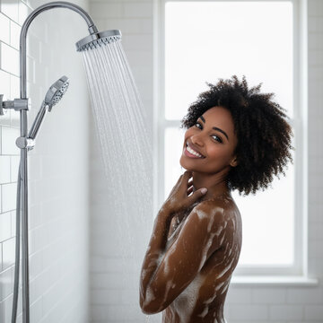 Smiling woman enjoying a refreshing shower under a large rain shower head in a bright modern bathroom