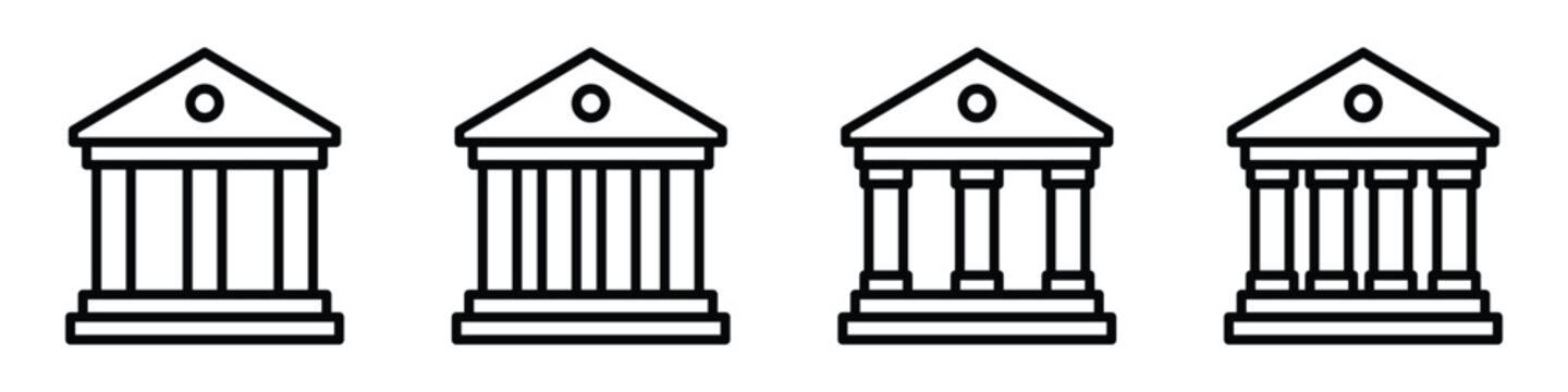 Four classical building line icons with columns representing architecture and history