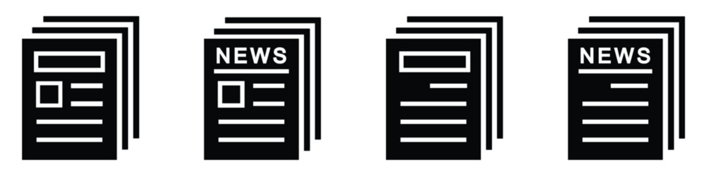 Four black newspaper icons on a white background representing news and media communication
