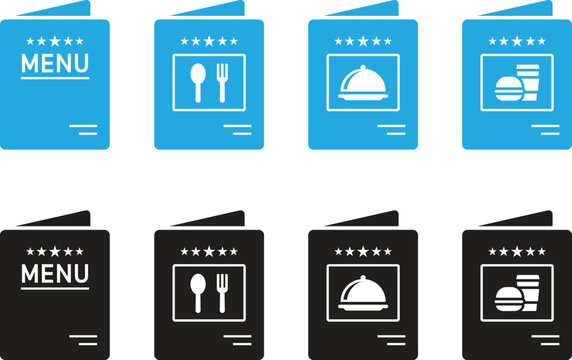 Restaurant menu icons set in blue and black with star ratings on white background