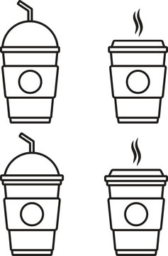 Line art illustration of four disposable coffee cups with lids and steam on white background