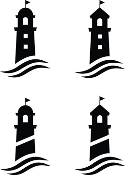 Black and white lighthouse silhouettes with waves on a transparent background nautical illustration set