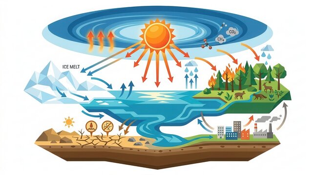 Global warming: ice melt, drought, wildfires, pollution, GHGs