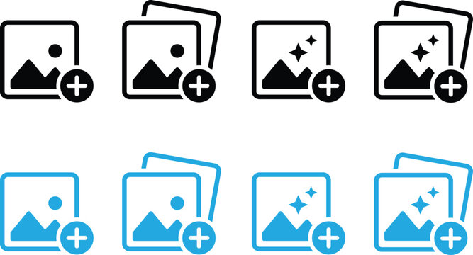Image Gallery Plus Icons Set Vector Illustration Blue And Black Tones