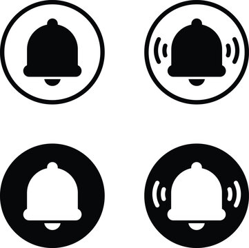 Bell icons set in black and white with notification and alert variations