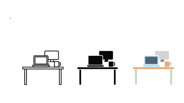 Workstation desk with laptop and desktop monitor and coffee cup in line art solid and flat color vector design for professional office and multitasking business environment concepts