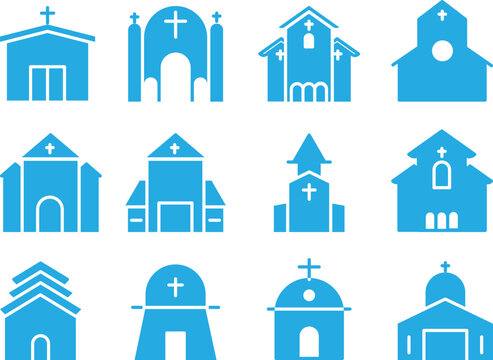 Blue church icons set on a white background representing various religious building styles