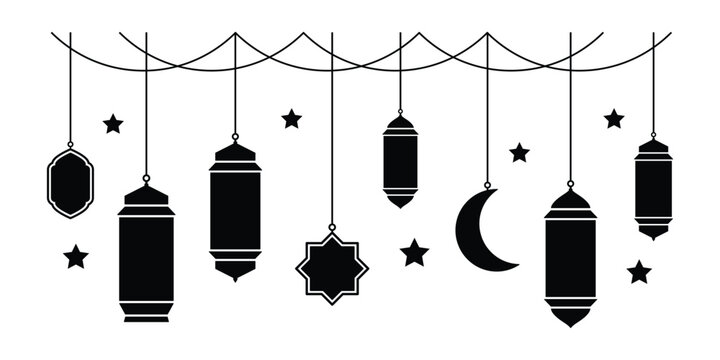 Ramadan lanterns and crescent moon silhouette against a white background for festive celebrations