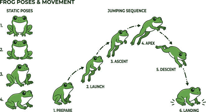 Cute green frog character design sheet featuring diverse static poses and a jumping sequence vector illustration isolated on white.