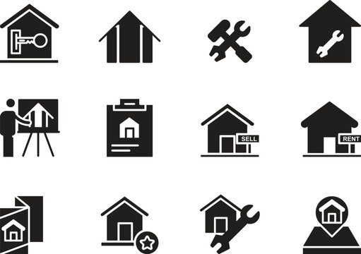 Real estate and home maintenance flat icons set on a white background