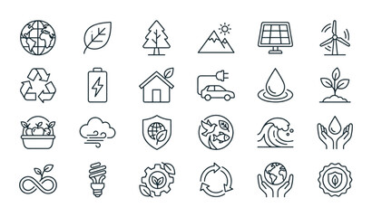 Fototapeta premium Nature and Environment Line Icon Set with Green Energy Ecology and Earth Friendly Visual Symbols