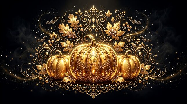 Elegant golden carved pumpkins surrounded by ornate floral scrolls and autumn leaves style.