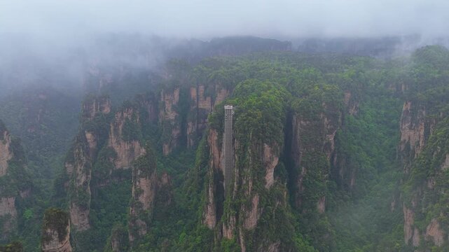 Aerial View of  Bailong Elevator in Zhangjiajie National Forest Park, Wulingyuan, Hunan Province, China