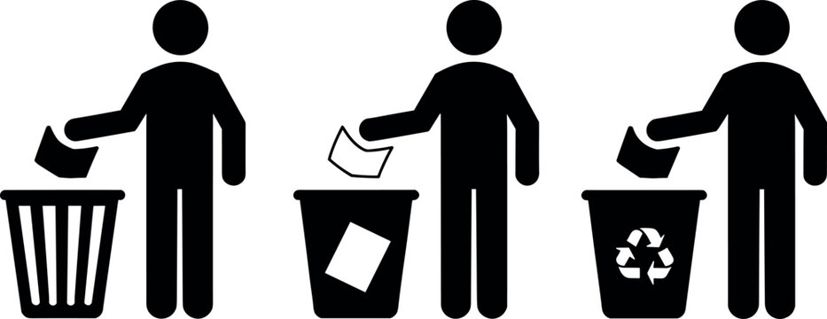Keep it clean waste sorting sign vector set featuring stick figures throwing garbage and recycling into trash bins