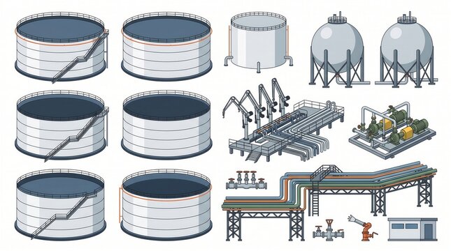 Isometric industrial plant equipment: tanks, pipelines, pumps, loading arms