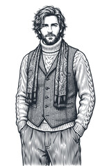 Fototapeta premium Vector engraving illustration of a handsome bearded man in a warm sweater, vest, and scarf. Vintage monochrome fashion art isolated on a white background.