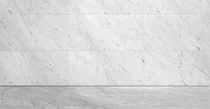 Empty room background with white marble wall and matching marble floor tile texture, bright minimal interior studio space with soft shadows, luxury product presentation mockup display template.