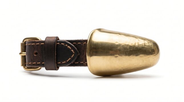Close up of a vintage brass sailmaker palm with leather strap isolated on a clean white background