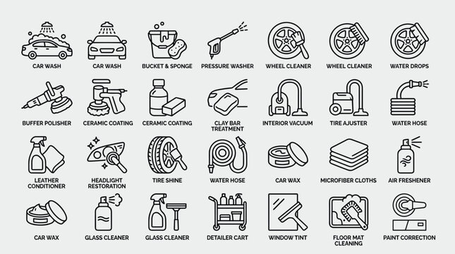 Car wash and auto detailing icon set including pressure washer ceramic coating vacuum tire shine and glass cleaner tools for professional automotive maintenance.