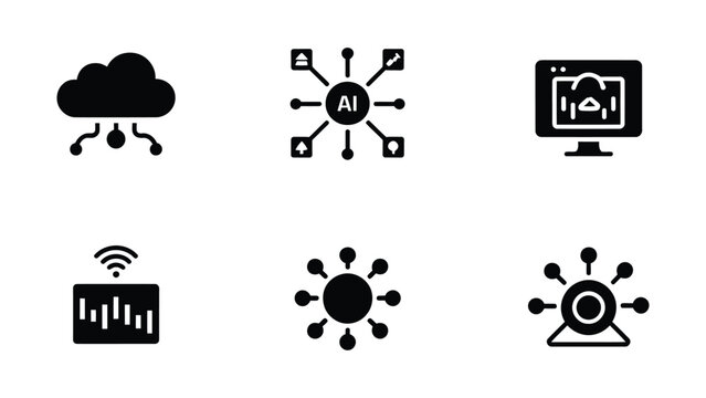 Black and white of a cloud, atom, printer, ladybug, virus, and microscope