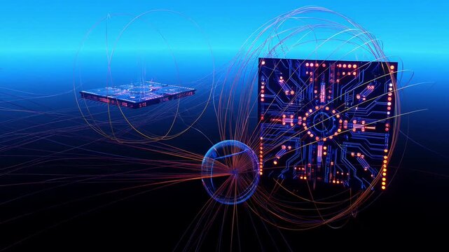 Futuristic microchip processor network with glowing data transfer orbits and digital connectivity