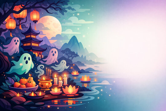 Magical Halloween Night Background with Friendly Ghosts and Lanterns