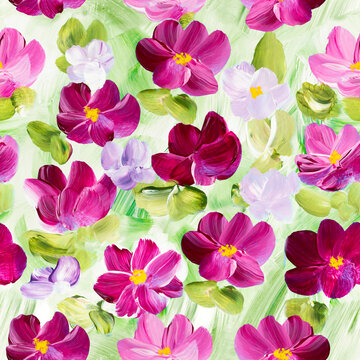 Seamless pattern of abstract pink flowers, original hand drawn, impressionism style, color texture, brush strokes of paint, art background