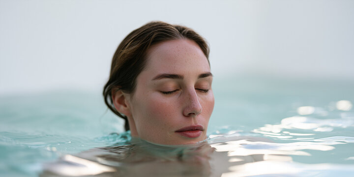 A girl or woman with her eyes closed in the water. A woman is swimming in a pool or a hot spring. 