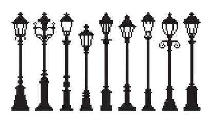 Collection of decorative vintage street lamps silhouettes rendered in pixel art style set. © VANU