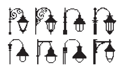 Assorted hanging and wall mounted street lamp silhouettes in pixel art style set isolated. © VANU