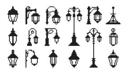 Elegant collection of street lights and hanging lantern silhouettes in pixel art style set. © VANU