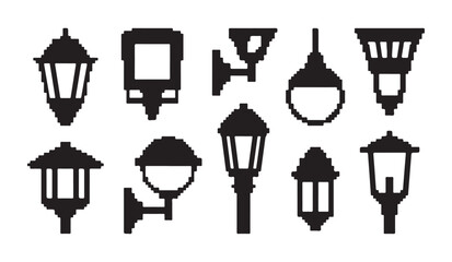 Set of pixel art garden lantern silhouettes street lighting elements for retro game design. © VANU