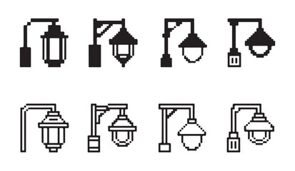 Classic street light pixel art collection including hanging lanterns and wall mount lamps. © VANU
